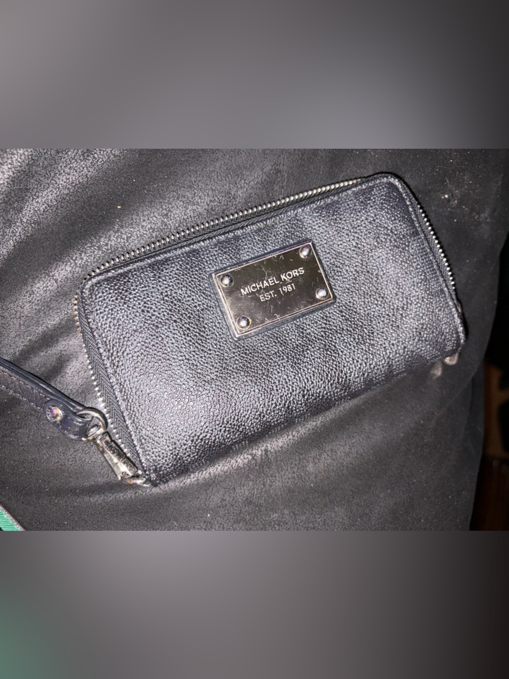Michael Kors Black Pebbled Leather Zip Wallet with Metal Plaque